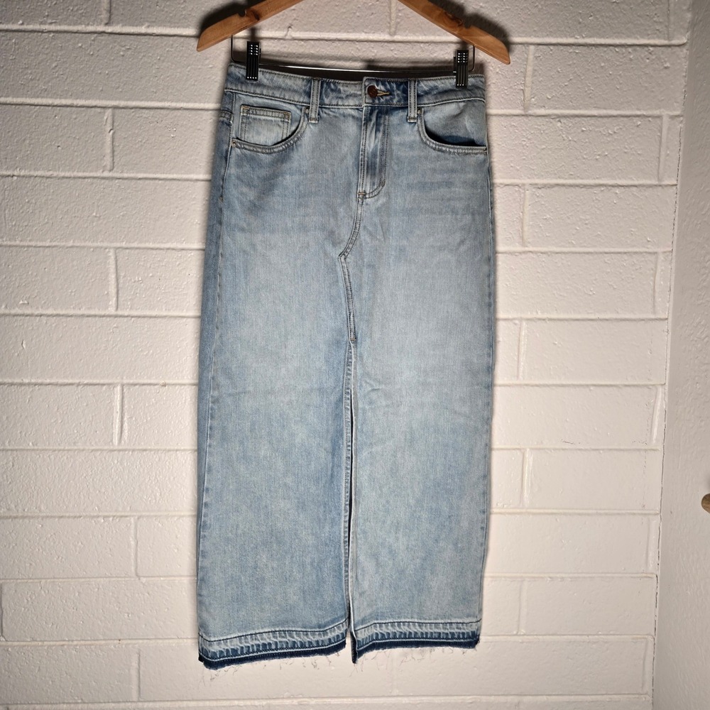 Sneak Peek Womens Denim Midi Skirt Light Raw Hem High Waist Slit Bratz Y2K S